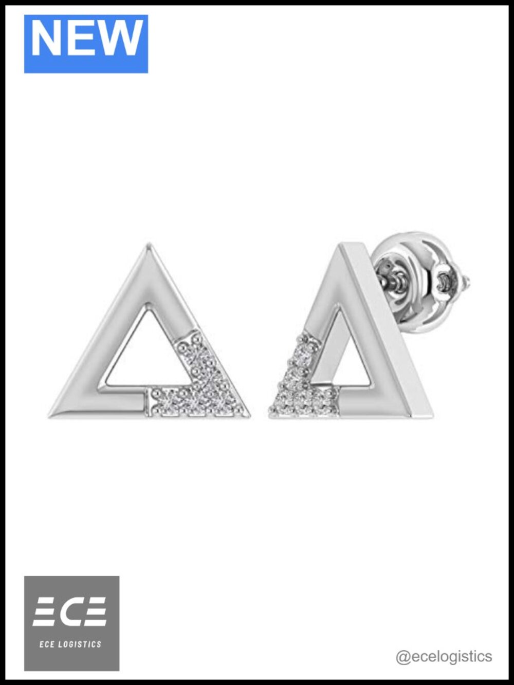 925 Sterling Silver Diamond Triangle Stud Earrings Screw Back